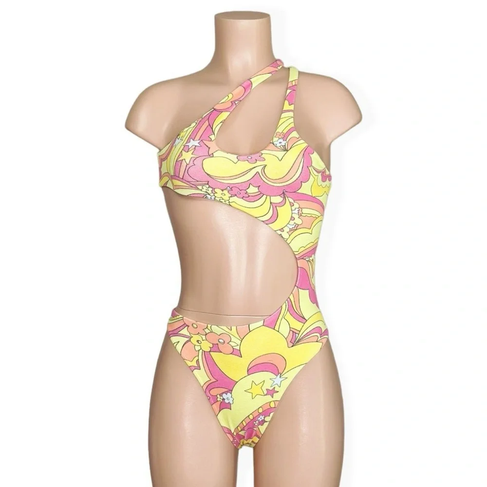 NEW FRANKIES BIKINIS Makie Terry One Piece Swim, Peace Terry, XS